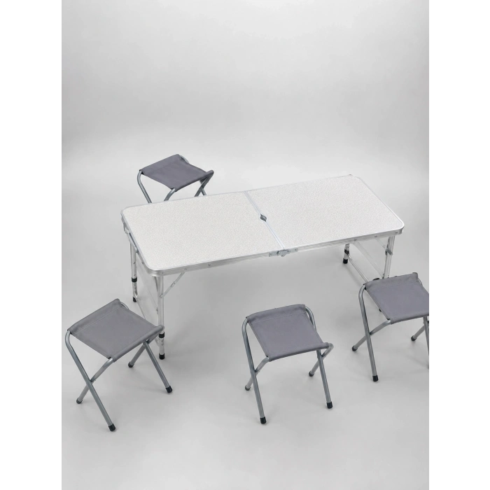 Mey İthalat® 4 Kişilik Katlanabilir Kamp Masası Seti 4 Tabureli 50-65 cm Ayarlanabilir Yükseklik
