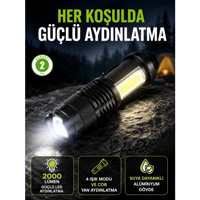Mey İthalat® 4 Modlu USB Şarjlı LED El Feneri Kamp ve Outdoor
