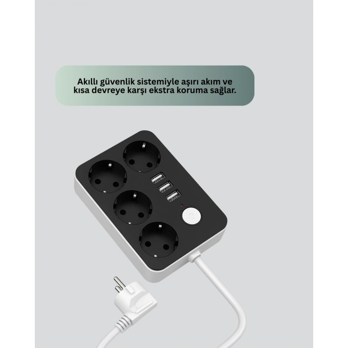 Mey İthalat® 4 Prizli 3 USB Portlu Anahtarlı Akım Korumalı Priz