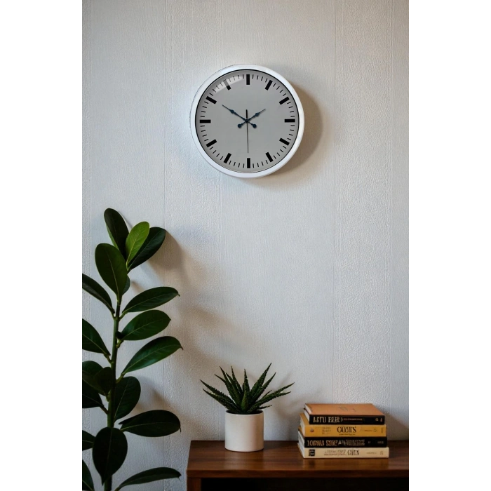 Mey İthalat® 40 Cm Metal  Beyaz Modern Duvar Saati