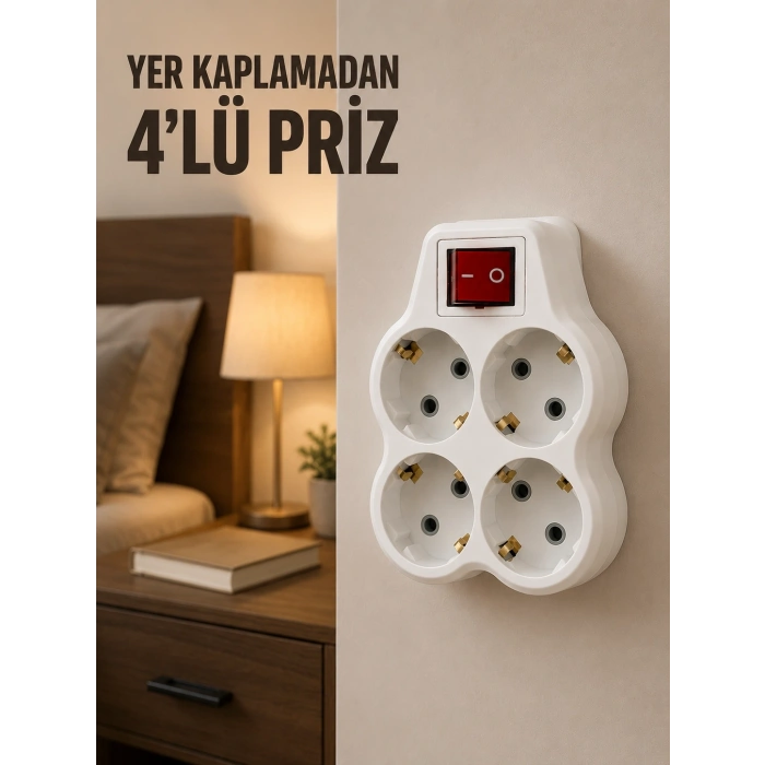Mey İthalat® 4’lü Priz Çoğaltıcı Açma Kapama Anahtarlı Kablosuz Duvar Tipi Priz Adaptörü