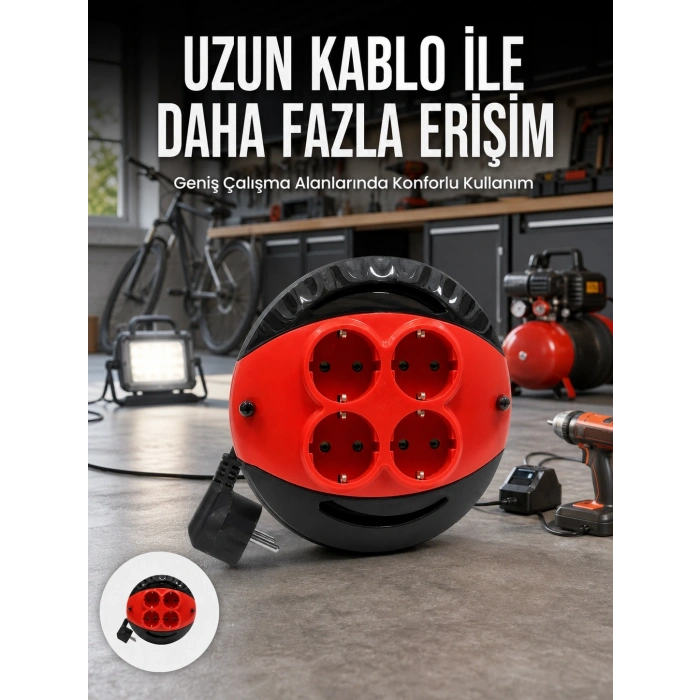 Mey İthalat® 5 Metre Kablolu 4’lü Kırmızı Priz Makara