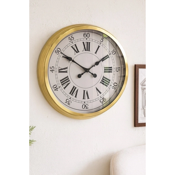 Mey İthalat® 60 cm Gold Metal Dekoratif Roma Rakamlı Duvar Saati
