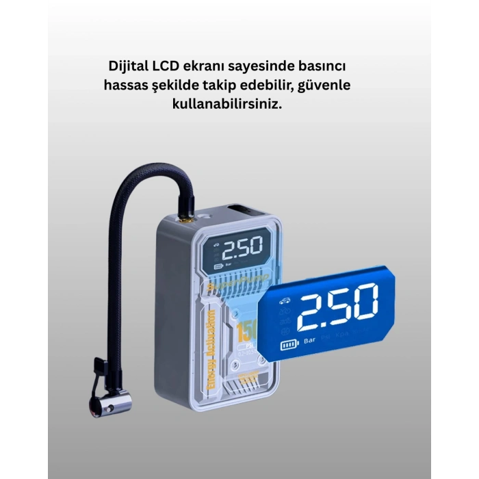 Mey İthalat® 6000mAh Bataryalı LED Ekranlı Akıllı Hava Kompresörü