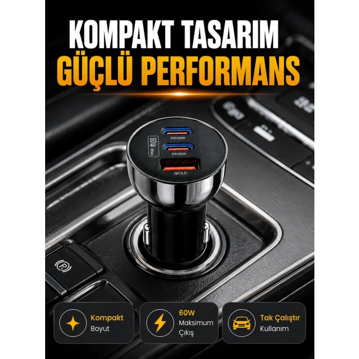 Mey İthalat® 60W Araç İçi Hızlı Şarj Adaptörü Çift USB-C PD ve USB-A QC3.0