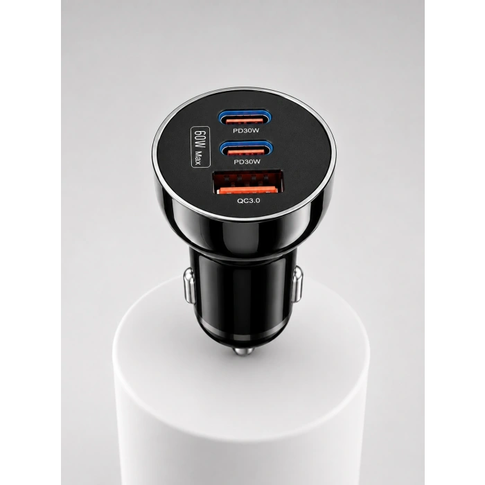 Mey İthalat® 60W Araç İçi Hızlı Şarj Adaptörü Çift USB-C PD ve USB-A QC3.0