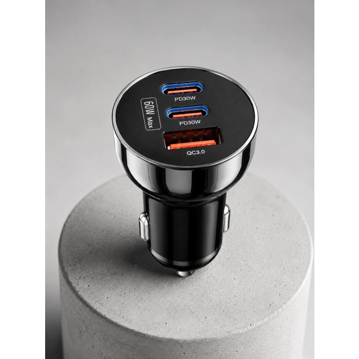 Mey İthalat® 60W Araç İçi Hızlı Şarj Adaptörü Çift USB-C PD ve USB-A QC3.0