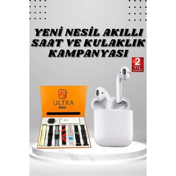 Mey İthalat® 7 Kordonlu Akıllı Saat Ve 2.Nesil Kulaklık Yüksek Ses Kaliteli Uzun Pil Ömrü