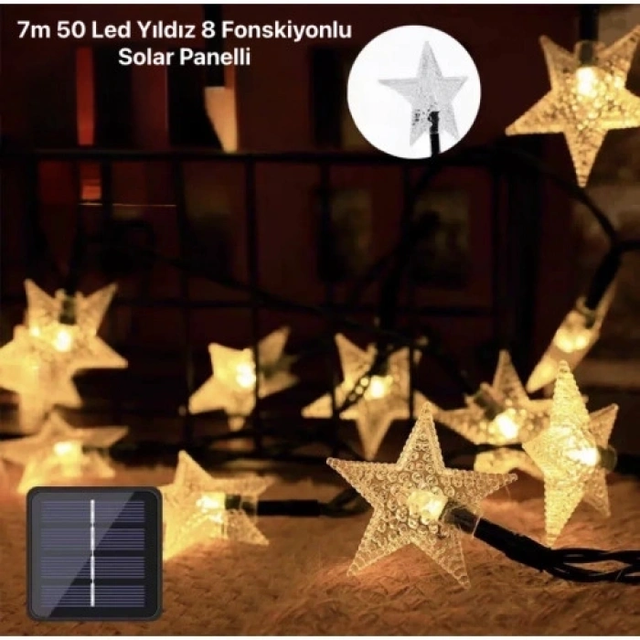 Mey İthalat® 7m 50 Led Yıldız 8 Fonksiyonlu Solar Panelli-Gün Işığı