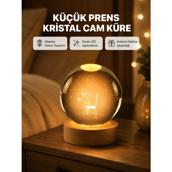Mey İthalat® 8 cm Küçük Prens Cam Küre USB Işıklı Ahşap Tabanlı Dekor
