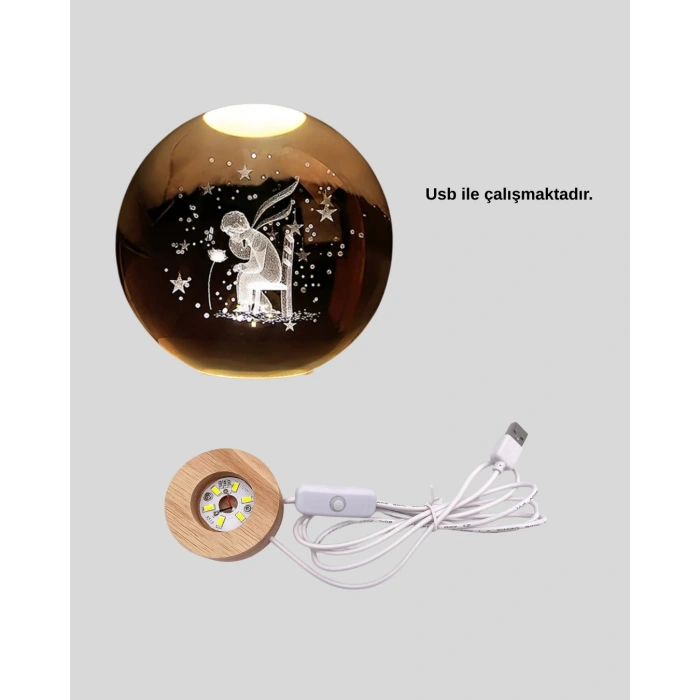 Mey İthalat® 8 cm Küçük Prens Cam Küre USB Işıklı Ahşap Tabanlı Dekor