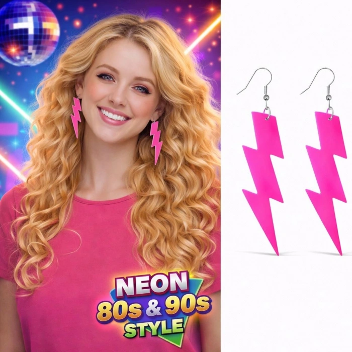 Mey İthalat® 80’ler 90'lar Retro Neon Pembe Şimşek Küpe 10 cm