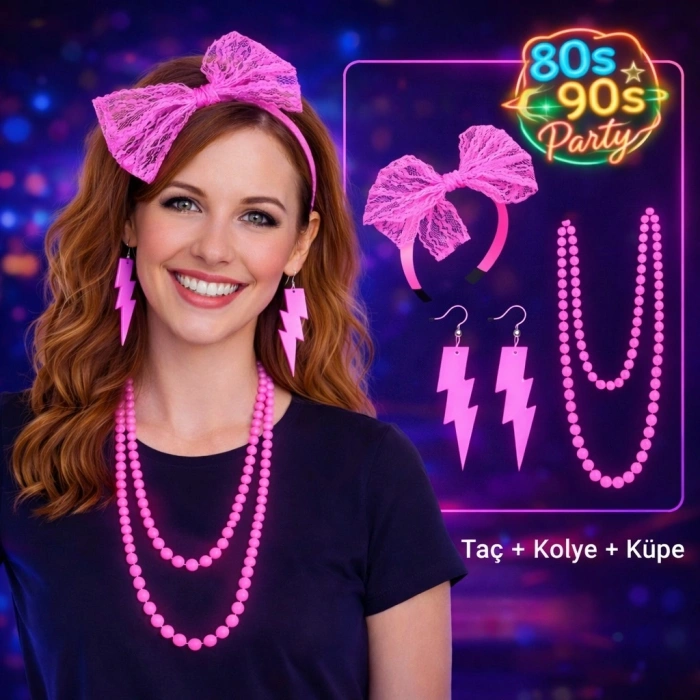 Mey İthalat® 80’ler 90’lar Neon Pembe Parti Seti – Kolye Küpe Taç