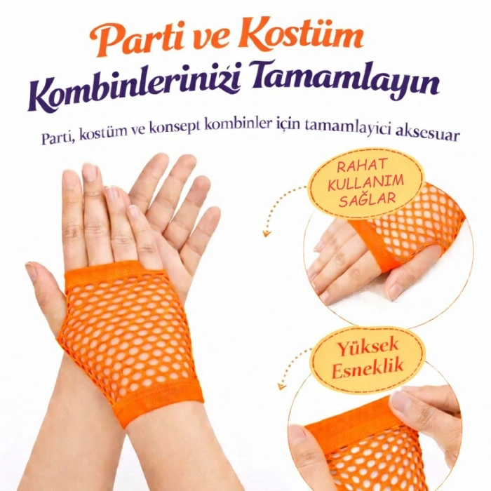 Mey İthalat® 80’ler 90’lar Retro Neon Turuncu File Parmaksız Kısa Eldiven 11 cm