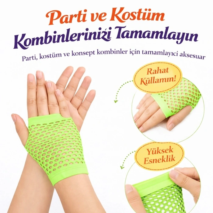 Mey İthalat® 80’ler 90’lar Retro Neon Yeşil File Parmaksız Kısa Eldiven 11 cm