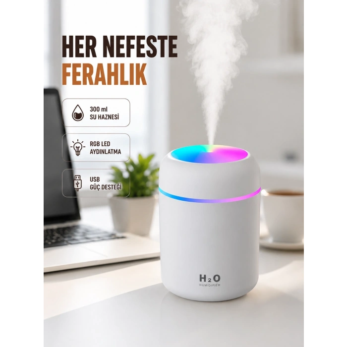 Mey İthalat® ABS Gövdeli 300ml USB Nemlendirici – Beyaz, Gri, Pembe Renk