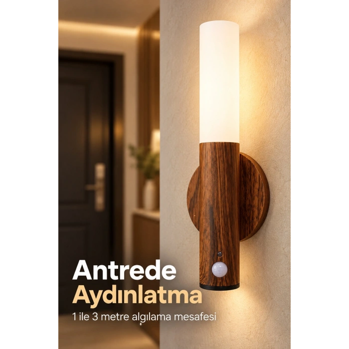 Mey İthalat® Ahşap Desenli Şarjlı Sensörlü LED Duvar Apliği
