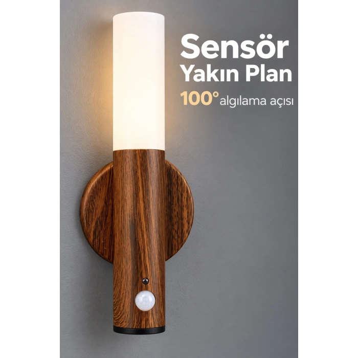 Mey İthalat® Ahşap Desenli Şarjlı Sensörlü LED Duvar Apliği