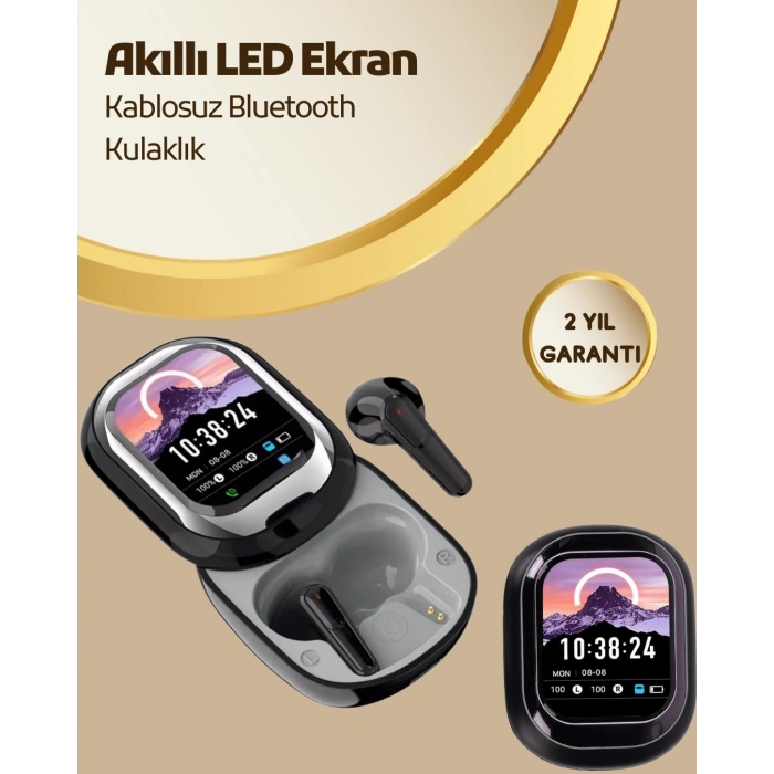 Mey İthalat® Akıllı Ekranlı Bluetooth 5.4 Kablosuz Kulaklık – Dokunmatik ve Şarj Kutulu