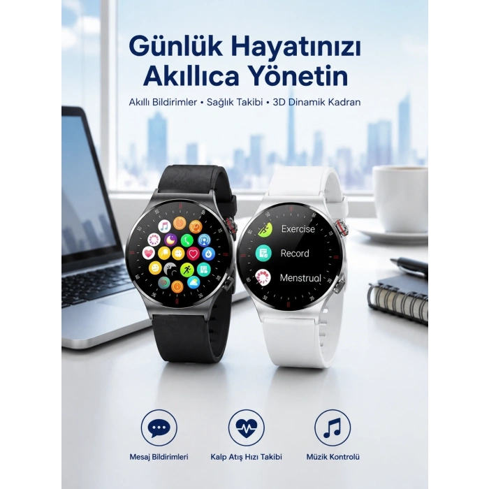 Mey İthalat® Akıllı Saat Amoled Ekran Bluetooth Bağlantılı Sesli Görüşme Nabız Ölçer