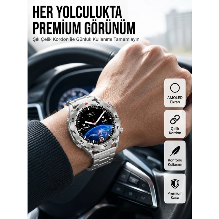 Mey İthalat® Akıllı Saat Çelik Kordonlu Amoled Ekran Android ve İOS Uyumlu Çağrı Cevaplayabilen Yeni Nesil