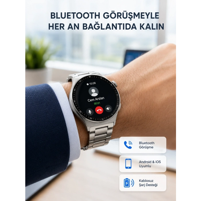 Mey İthalat® Akıllı Saat NFC – Bluetooth Arama ve Kablosuz Şarj Özellikli