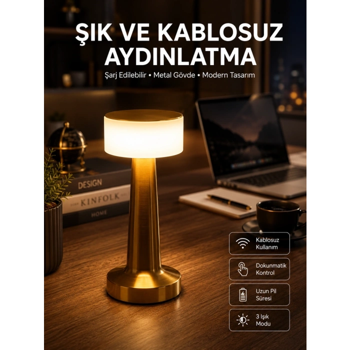 Mey İthalat® Altın Rengi Masa ve Gece Lambası Dokunmatik Şarjlı Masa Lambası