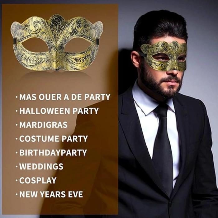 Mey İthalat® Altın Renk Eskitme Maskeli Balo Maskesi – Venedik Tarzı Parti Maskesi