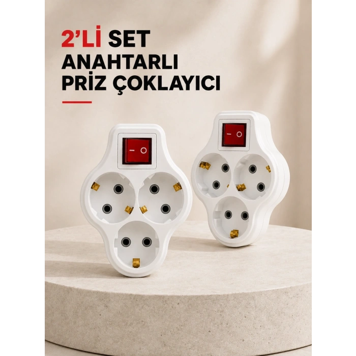 Mey İthalat® Anahtarlı 3 Çıkışlı Priz Çoğaltıcı Ev Ofis İçin Kablosuz 2’li Avantajlı Set