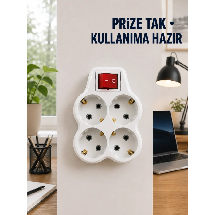 Mey İthalat® Anahtarlı 4’lü Priz Adaptörü Direkt Prize Takılan Kompakt Priz Çoklayıcı