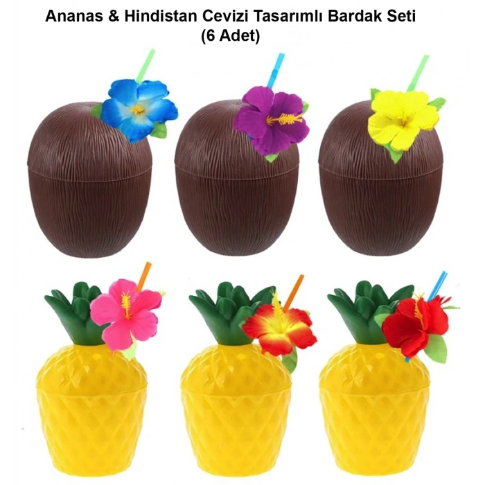 Mey İthalat® Ananas & Hindistan Cevizi Tasarımlı Pipetli Bardak Seti (6 Adet)