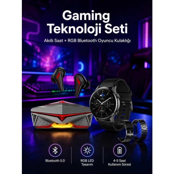 Mey İthalat® ANC Özellikli Bluetooth Kulaklık ve Amoled Ekran Akıllı Saat Uyku ve Sağlık Takibi Nabız Ölçer