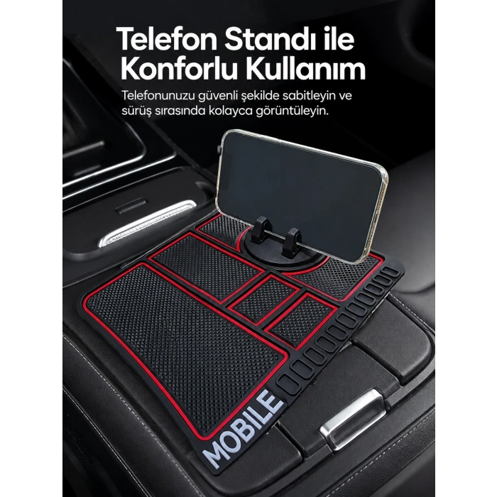 Mey İthalat® Araç İçi Telefon Standlı Kaydırmaz Silikon Organizer Mat Konsol Düzenleyici