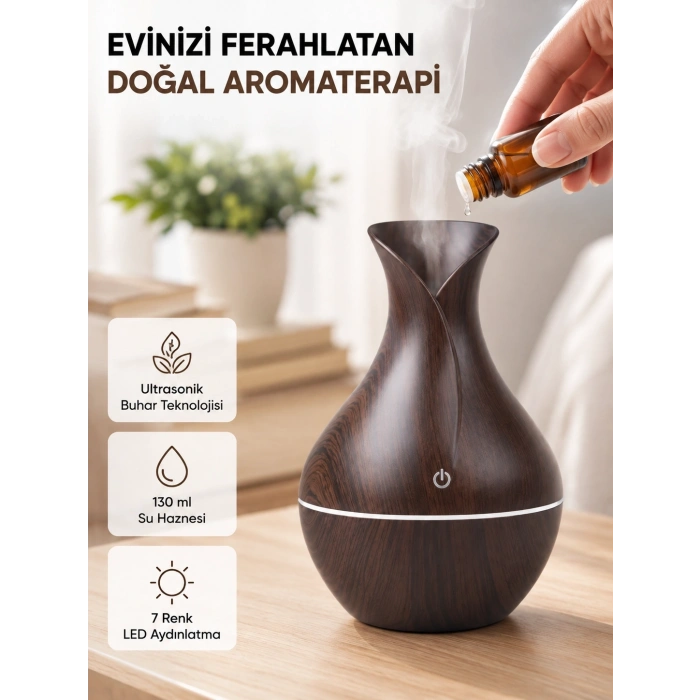 Mey İthalat® Aromaterapi Difüzör Ahşap Desenli ve Ultrasonik Nemlendirici LED Işıklı