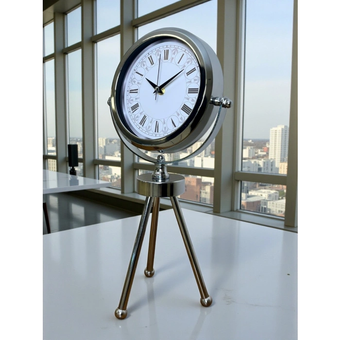 Mey İthalat® Asalet Krom Üç Ayaklı Metal Masa Saati