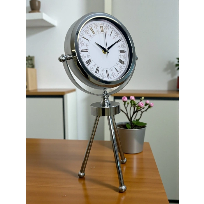 Mey İthalat® Asalet Krom Üç Ayaklı Metal Masa Saati