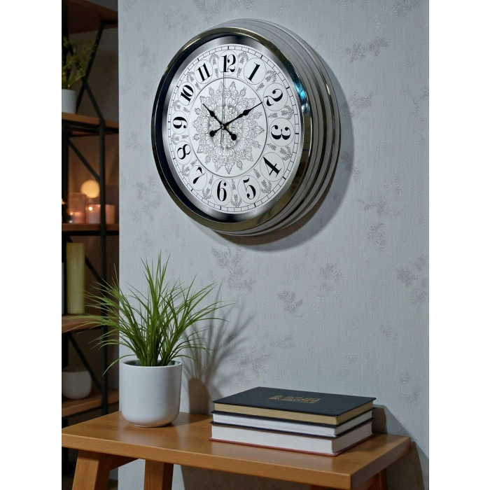 Mey İthalat® Asil Motif Krom 40 Cm Metal Duvar Saati