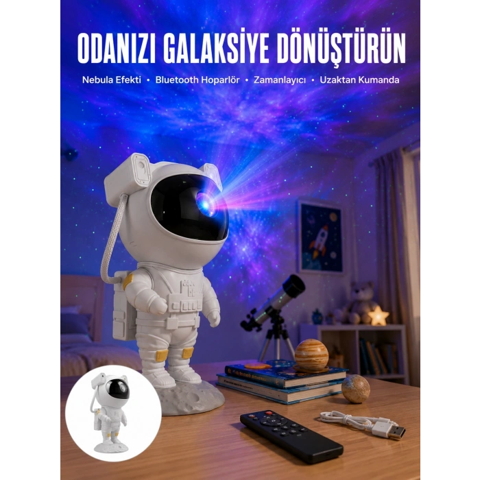 Mey İthalat® Astronot Bluetooth Hoparlör Gökyüzü Projektör Gece Lambası