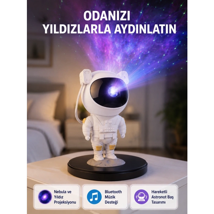 Mey İthalat® Astronot Projeksiyon Lambası Bluetooth Müzikli ve Uzaktan Kumandalı