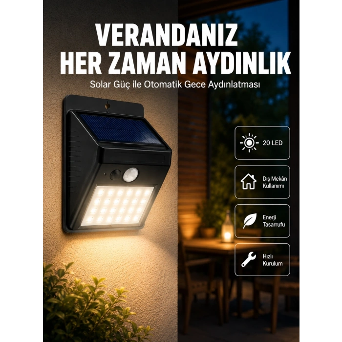 Mey İthalat® Bahçe ve Dış Mekanlar İçin Güneş Enerjili 20 LED Hareket Sensörlü Lamba Yeni Nesil