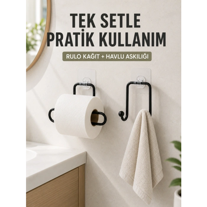 Mey İthalat® Banyo ve Mutfak İçin Yapışkanlı Havlu Askılığı ve Rulo Kağıt Tutucu Set
