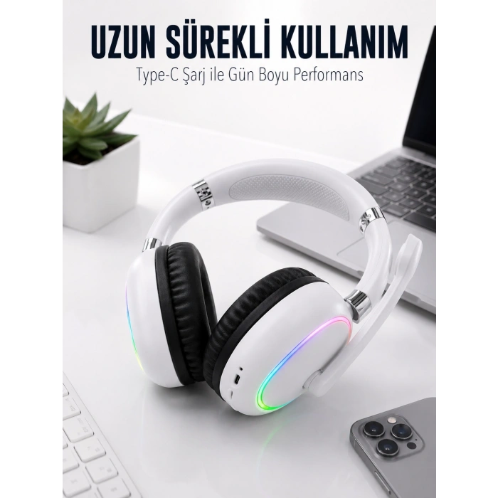 Mey İthalat® Beyaz Bluetooth 5.0 Mikrofonlu Kablosuz Kulak Üstü Kulaklık RGB Işıklı Type-C Şarjlı