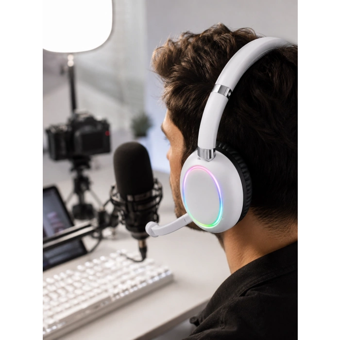 Mey İthalat® Beyaz Bluetooth 5.0 Mikrofonlu Kablosuz Kulak Üstü Kulaklık RGB Işıklı Type-C Şarjlı