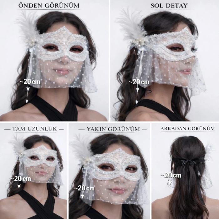 Mey İthalat® Beyaz Dantel Tüllü Peçeli Parti Maskesi – Tüylü İnci Detaylı
