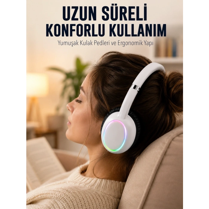 Mey İthalat® Beyaz Kablosuz Bluetooth Kulaklık Mikrofonlu Ergonomik Kulak Üstü Tasarım