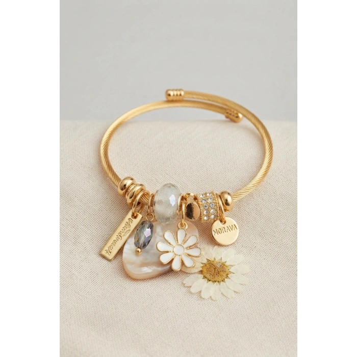 Mey İthalat® Beyaz Papatya Model Gold Renk Charmlı Bileklik