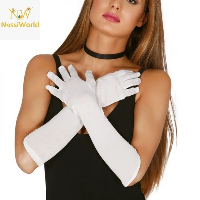 Mey İthalat® Beyaz Renk Dirseğe Kadar Uzun Kumaş Eldiven 40 cm