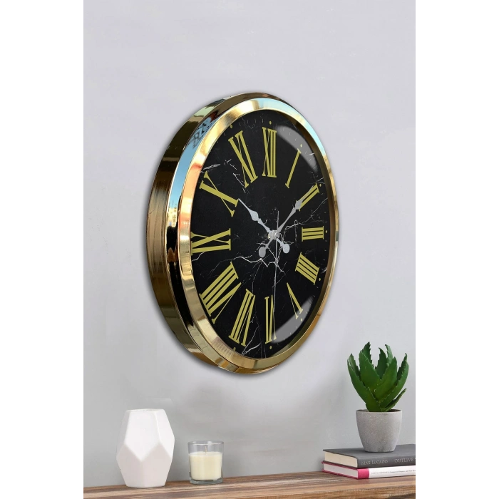 Mey İthalat® Black Marble Gold 52 Cm Metal Duvar Saati