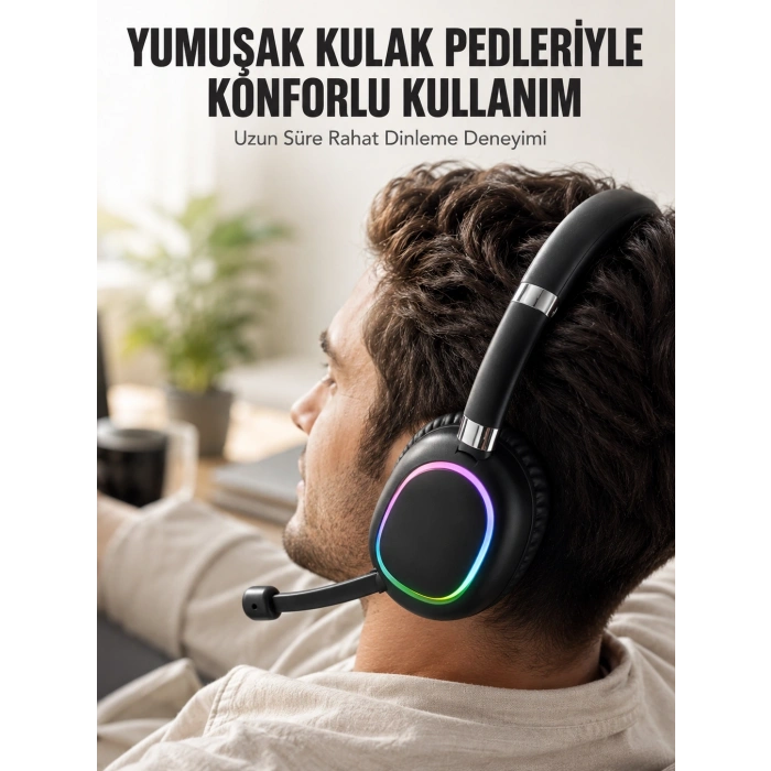 Mey İthalat® Bluetooth 5.0 RGB Işıklı Mikrofonlu Kablosuz Kulak Üstü Kulaklık