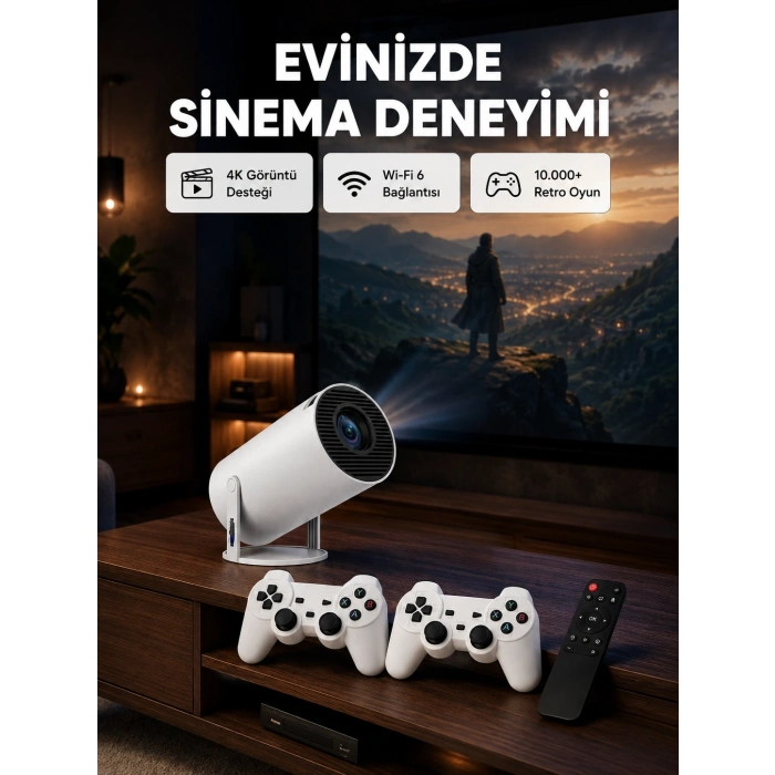 Mey İthalat® Bluetooth 5.0 ve Wi-Fi 6 Akıllı 4K Projeksiyon Yeni Nesil